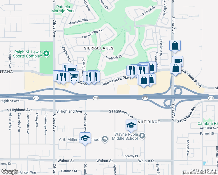 map of restaurants, bars, coffee shops, grocery stores, and more near 16465 Sierra Lakes Parkway in Fontana