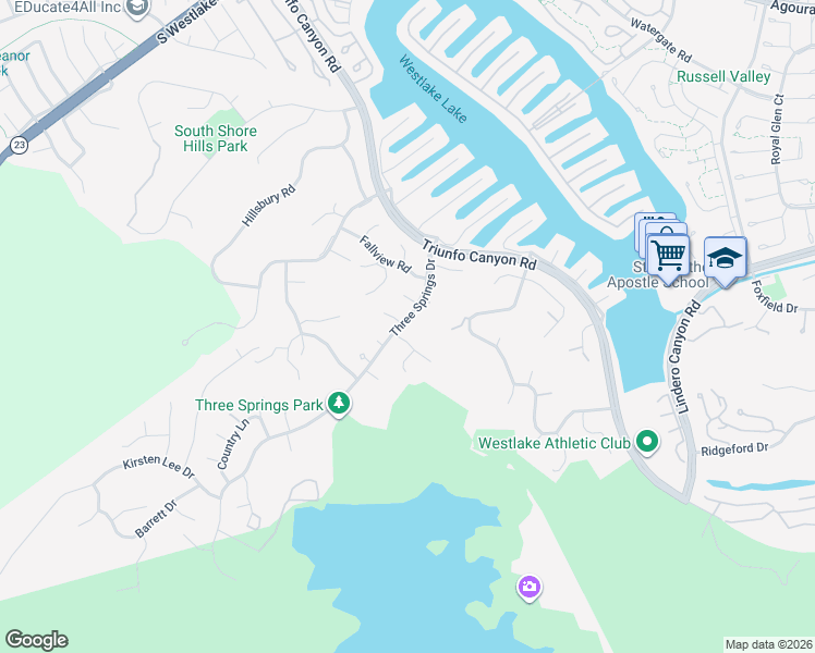 map of restaurants, bars, coffee shops, grocery stores, and more near 3514 Three Springs Drive in Westlake Village