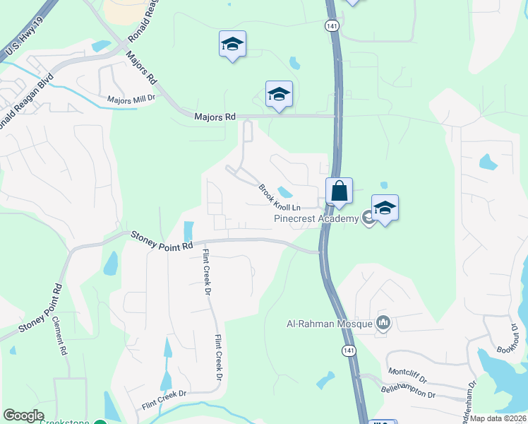 map of restaurants, bars, coffee shops, grocery stores, and more near 1355 Oak Meadows Lane in Cumming