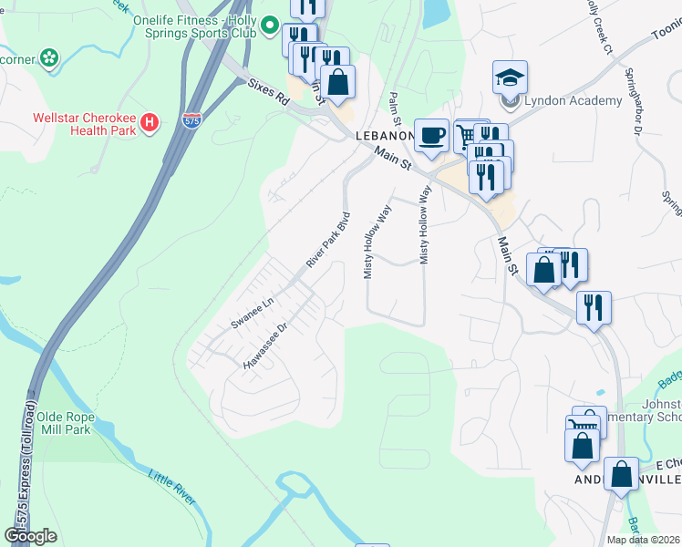 map of restaurants, bars, coffee shops, grocery stores, and more near 613 Sweet Bay Ridge in Woodstock