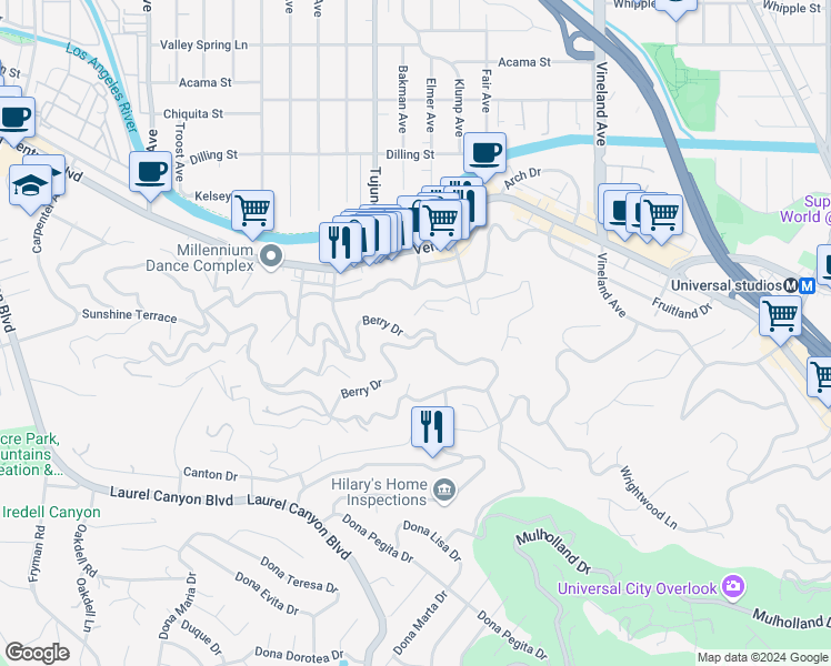 map of restaurants, bars, coffee shops, grocery stores, and more near 3736 Berry Drive in Los Angeles
