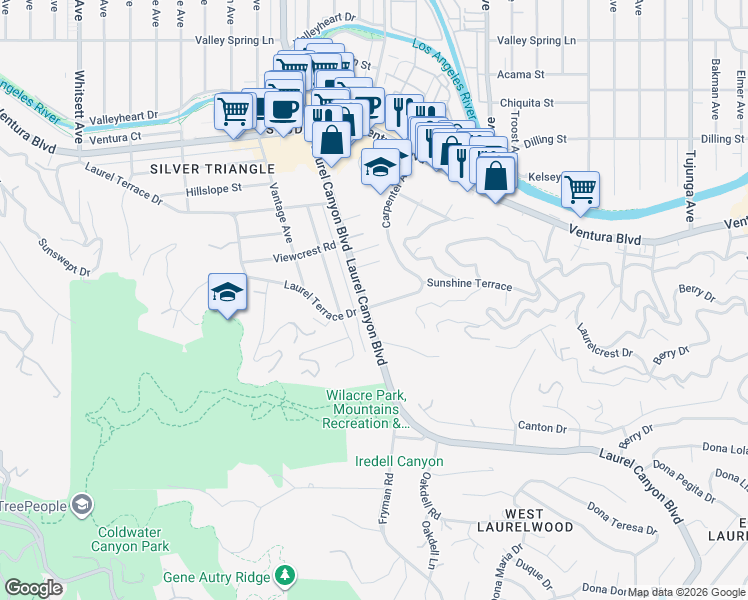 map of restaurants, bars, coffee shops, grocery stores, and more near 11967 Sunshine Terrace in Los Angeles