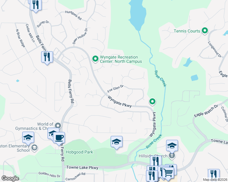 map of restaurants, bars, coffee shops, grocery stores, and more near 3993 Fox Glen Drive in Woodstock