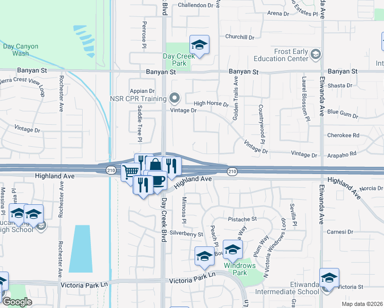 map of restaurants, bars, coffee shops, grocery stores, and more near 12369 Rodeo Drive in Rancho Cucamonga