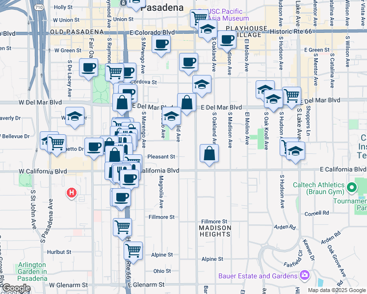 map of restaurants, bars, coffee shops, grocery stores, and more near 484 South Euclid Avenue in Pasadena