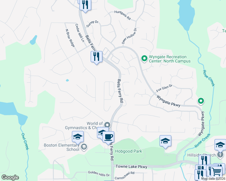 map of restaurants, bars, coffee shops, grocery stores, and more near 203 Ascott Lane in Woodstock