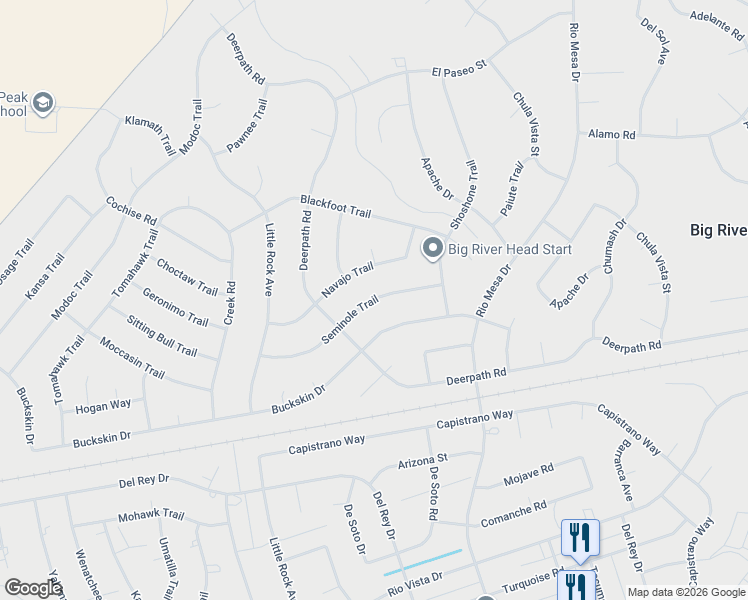 map of restaurants, bars, coffee shops, grocery stores, and more near 150061 Seminole Trail in Big River