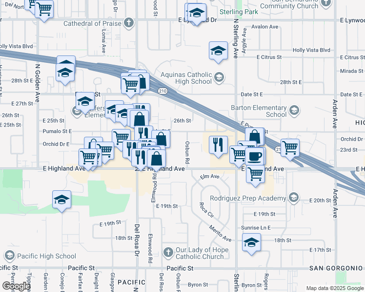 map of restaurants, bars, coffee shops, grocery stores, and more near 2350 Osbun Road in San Bernardino