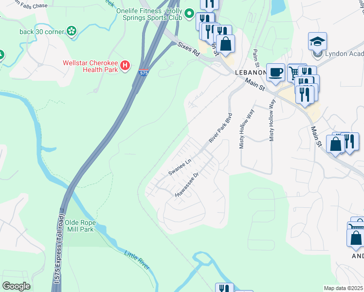 map of restaurants, bars, coffee shops, grocery stores, and more near 607 Tanners Crossing in Woodstock