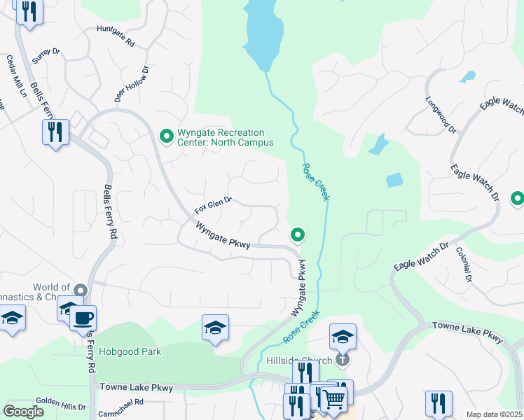 map of restaurants, bars, coffee shops, grocery stores, and more near 3977 Fox Glen Drive in Woodstock