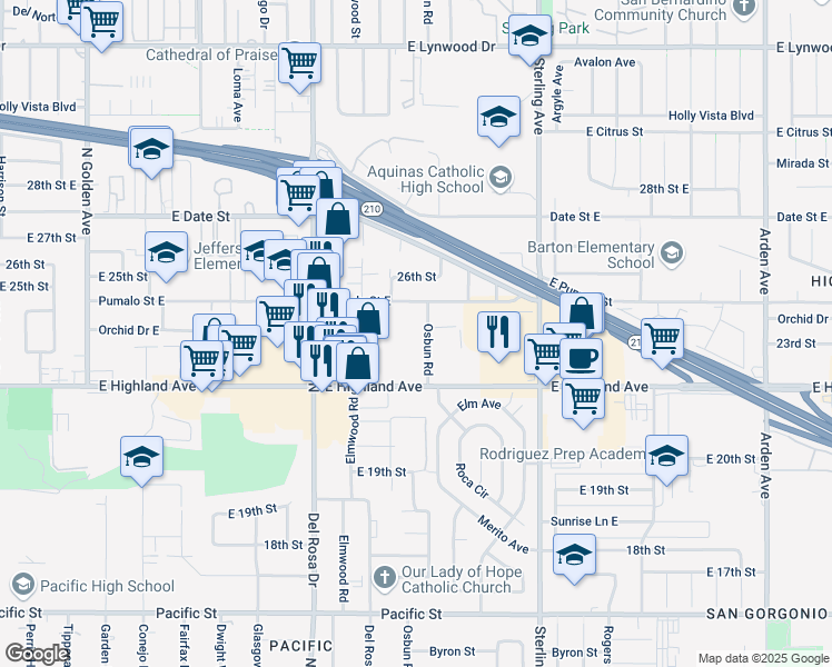 map of restaurants, bars, coffee shops, grocery stores, and more near 2350 Osbun Road in San Bernardino