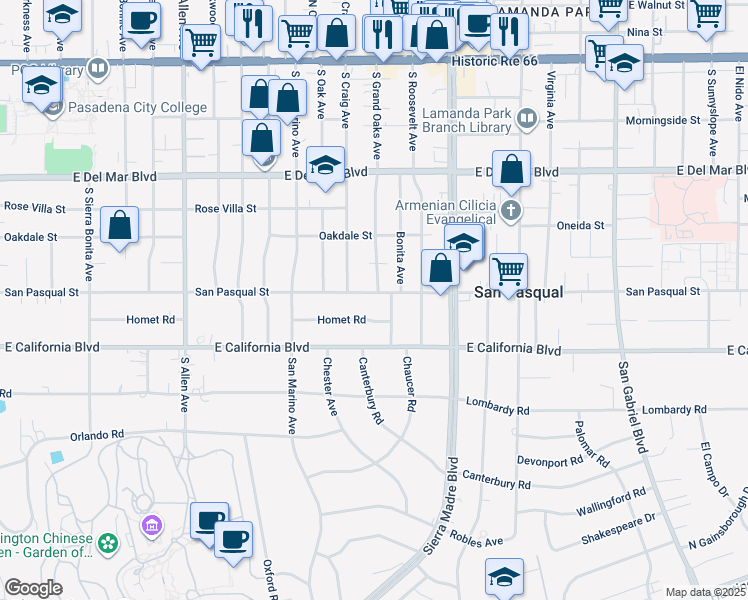 map of restaurants, bars, coffee shops, grocery stores, and more near 2198 San Pasqual Street in Pasadena