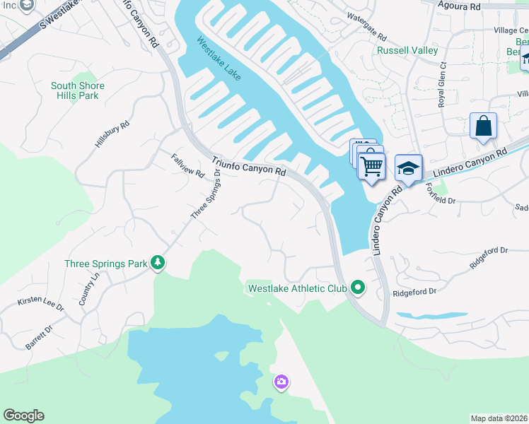 map of restaurants, bars, coffee shops, grocery stores, and more near Blue Rock Ridge in Westlake Village