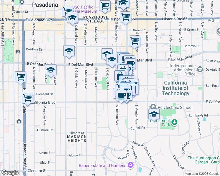map of restaurants, bars, coffee shops, grocery stores, and more near 500 South Oak Knoll Avenue in Pasadena