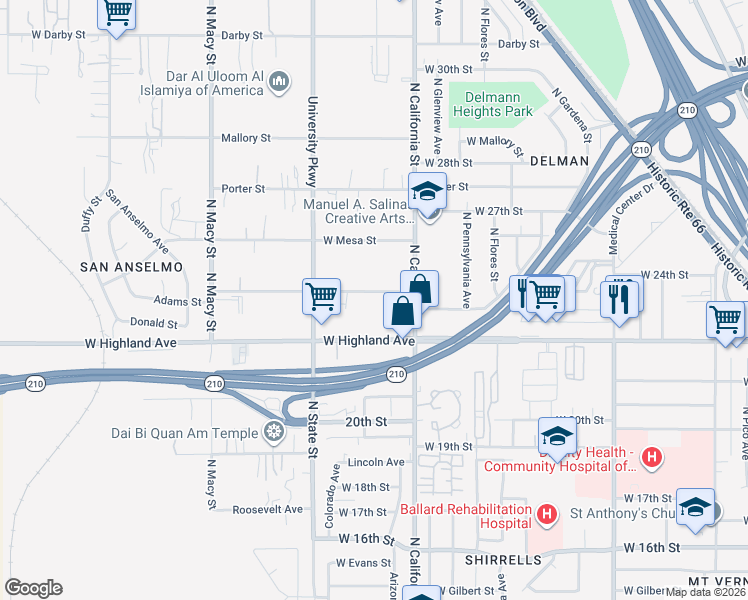 map of restaurants, bars, coffee shops, grocery stores, and more near 1949 Adams Street in Muscoy