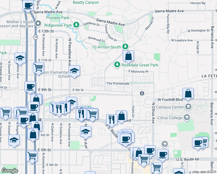 map of restaurants, bars, coffee shops, grocery stores, and more near 902 Botanica Lane in Azusa