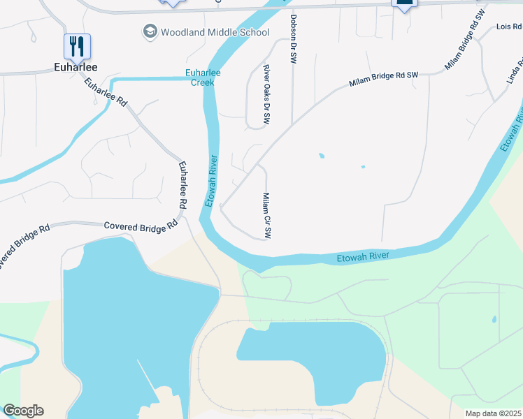 map of restaurants, bars, coffee shops, grocery stores, and more near 47 Milam Circle Southwest in Cartersville