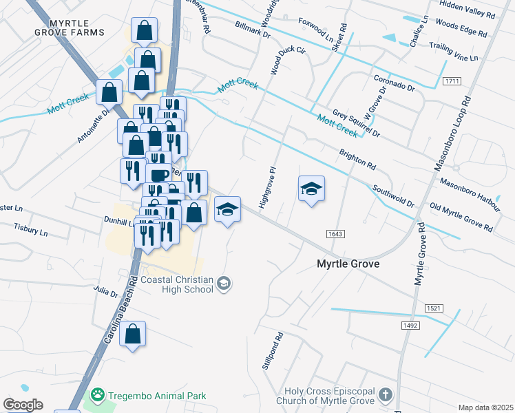 map of restaurants, bars, coffee shops, grocery stores, and more near 5768 Highgrove Place in Wilmington