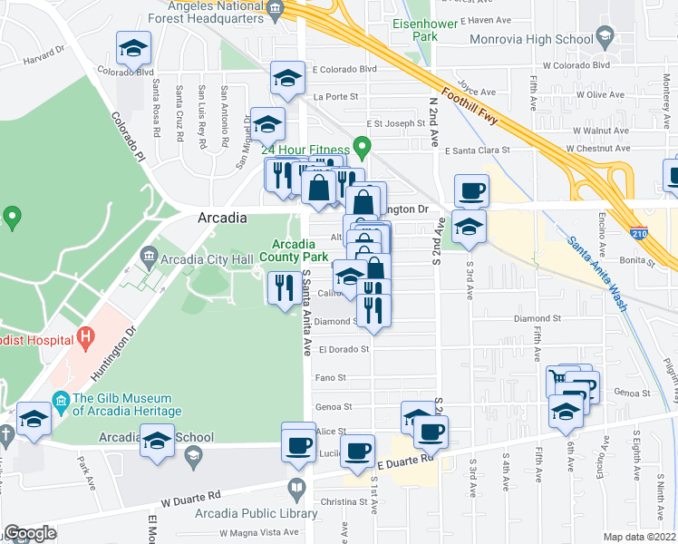 map of restaurants, bars, coffee shops, grocery stores, and more near 34 Bonita Street in Arcadia