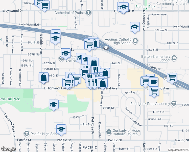 map of restaurants, bars, coffee shops, grocery stores, and more near 2345 Del Rosa Avenue North in San Bernardino