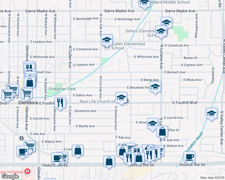 map of restaurants, bars, coffee shops, grocery stores, and more near 750 East Mountain View Avenue in Glendora