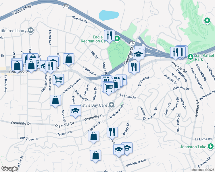 map of restaurants, bars, coffee shops, grocery stores, and more near 1100 Colorado Boulevard in Los Angeles