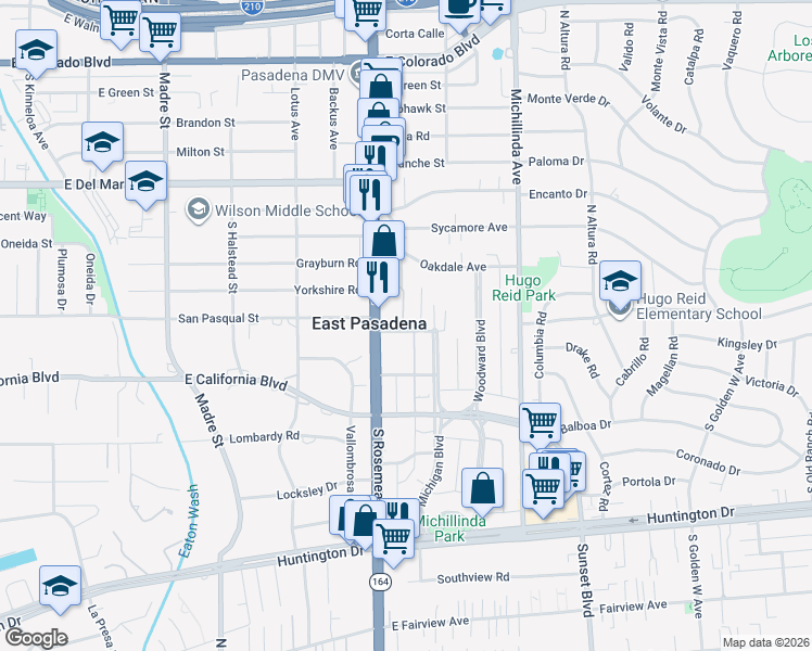 map of restaurants, bars, coffee shops, grocery stores, and more near 3751 Laurita Avenue in Pasadena