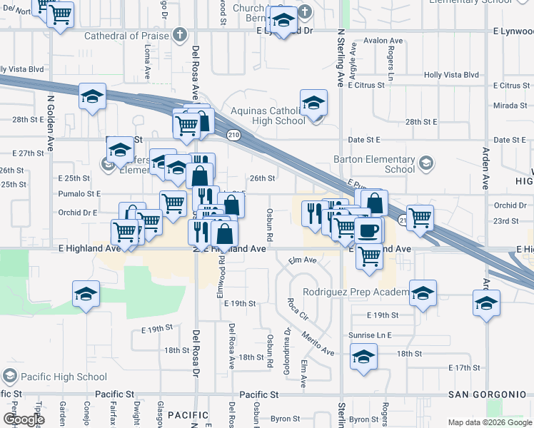 map of restaurants, bars, coffee shops, grocery stores, and more near 2350 Osbun Road in San Bernardino