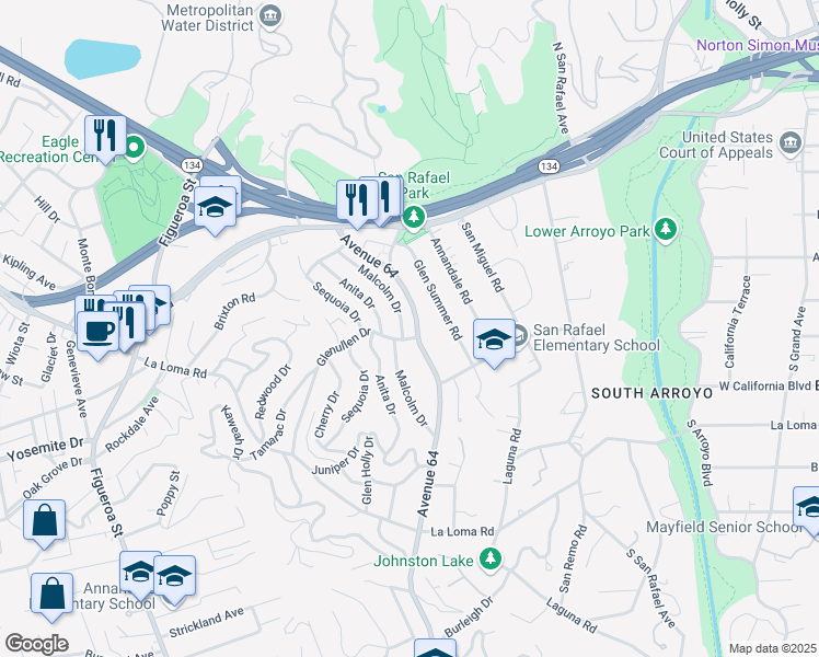 map of restaurants, bars, coffee shops, grocery stores, and more near 216 Malcolm Drive in Pasadena