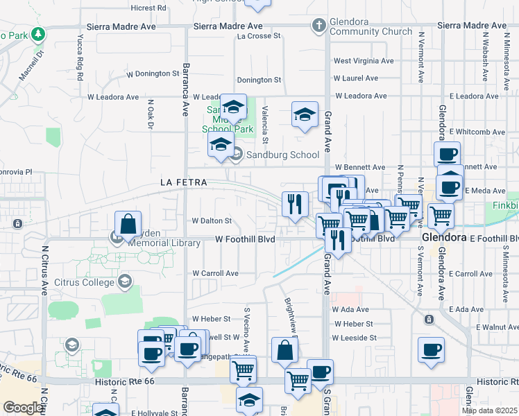 map of restaurants, bars, coffee shops, grocery stores, and more near 649 West Foothill Boulevard in Glendora