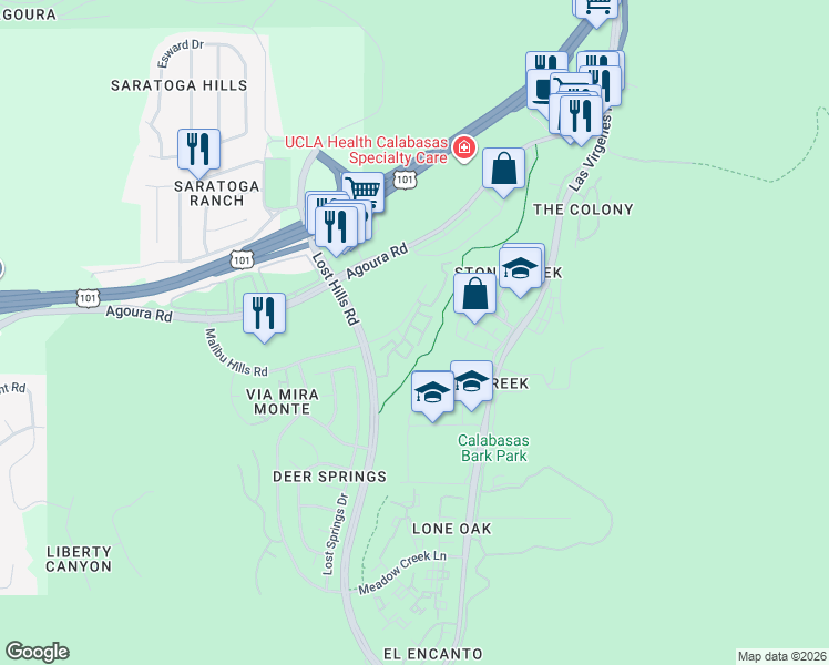 map of restaurants, bars, coffee shops, grocery stores, and more near 4240 Lost Hills Road in Agoura Hills