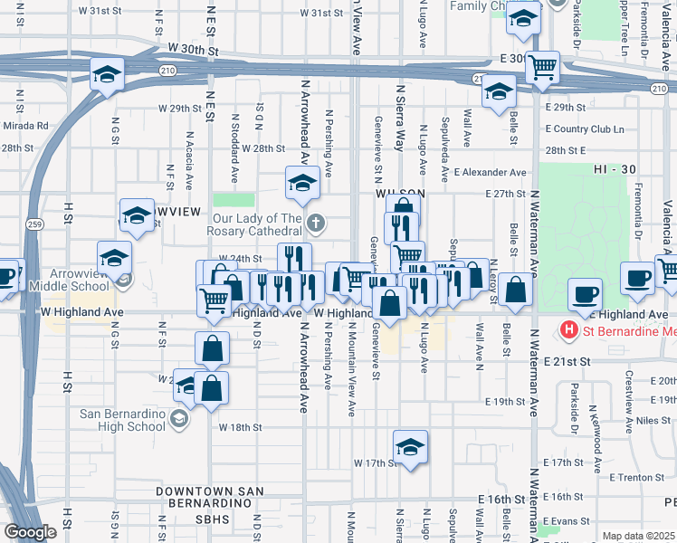 map of restaurants, bars, coffee shops, grocery stores, and more near 231 West 24th Street in San Bernardino