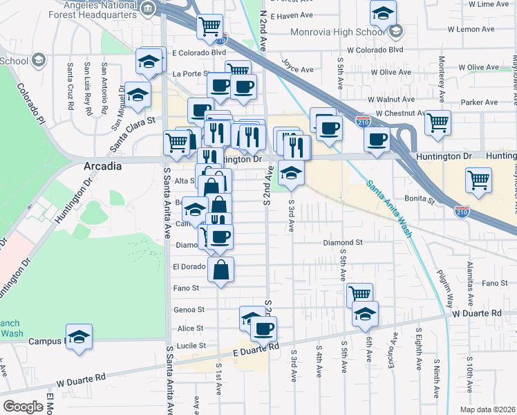 map of restaurants, bars, coffee shops, grocery stores, and more near 155 California Street in Arcadia