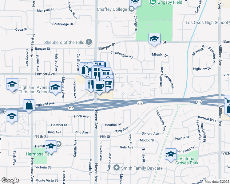 map of restaurants, bars, coffee shops, grocery stores, and more near 10655 Lemon Avenue in Rancho Cucamonga
