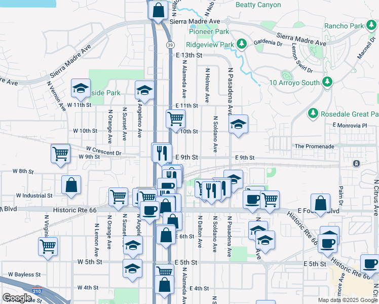 map of restaurants, bars, coffee shops, grocery stores, and more near 908 North Alameda Avenue in Azusa