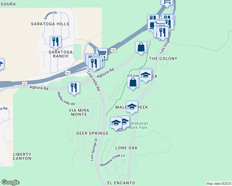 map of restaurants, bars, coffee shops, grocery stores, and more near 26822 Malibu Hills Road in Calabasas