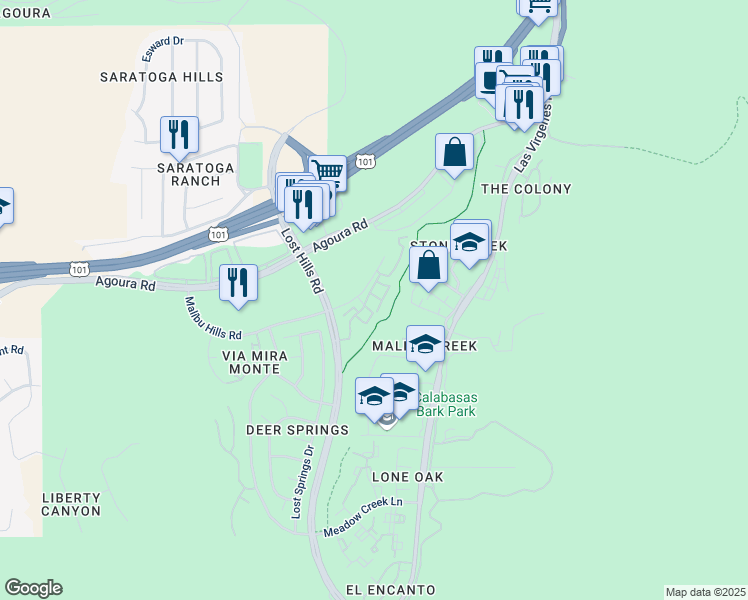 map of restaurants, bars, coffee shops, grocery stores, and more near 4240 Lost Hills Road in Calabasas