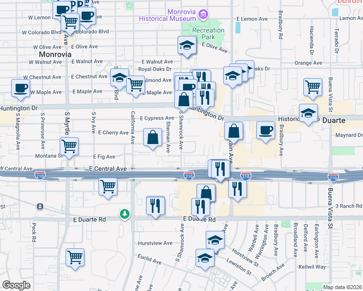 map of restaurants, bars, coffee shops, grocery stores, and more near 1323 South Shamrock Avenue in Monrovia