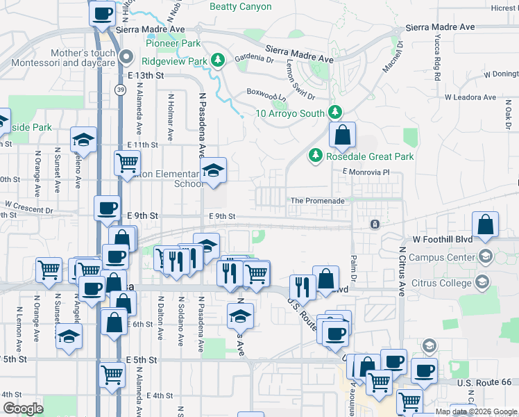 map of restaurants, bars, coffee shops, grocery stores, and more near 806 East Ruby Lace Way in Azusa