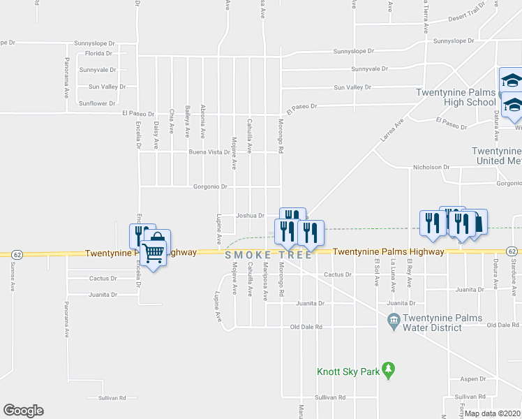 map of restaurants, bars, coffee shops, grocery stores, and more near 6366 Mariposa Avenue in Twentynine Palms