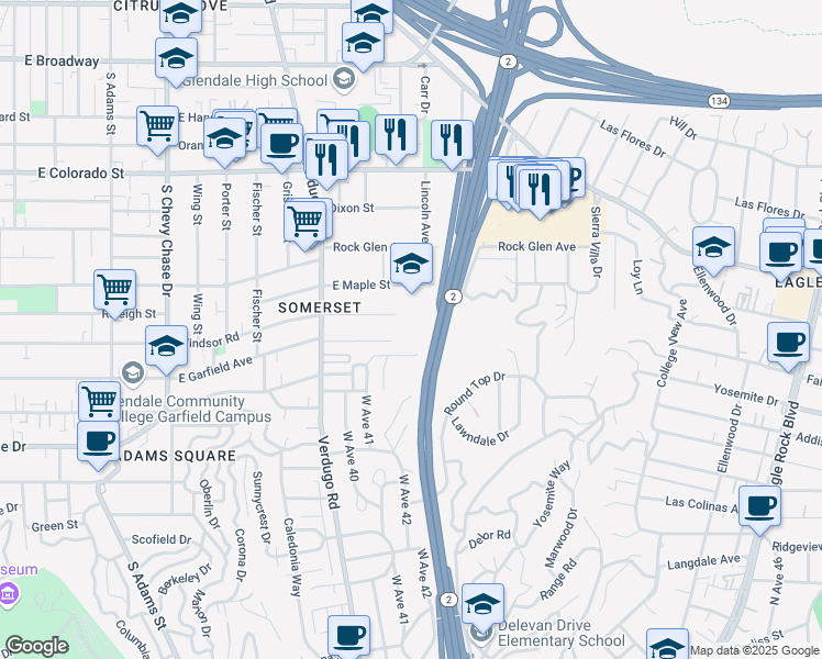 map of restaurants, bars, coffee shops, grocery stores, and more near 1517 East Garfield Avenue in Glendale