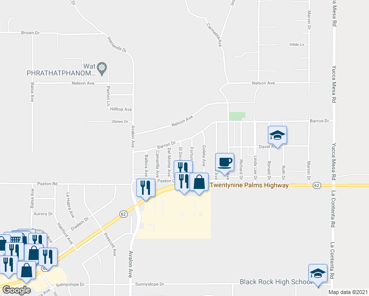 map of restaurants, bars, coffee shops, grocery stores, and more near 6385 Fortuna Avenue in Yucca Valley