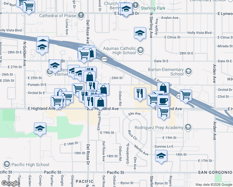 map of restaurants, bars, coffee shops, grocery stores, and more near Unnamed Road in San Bernardino