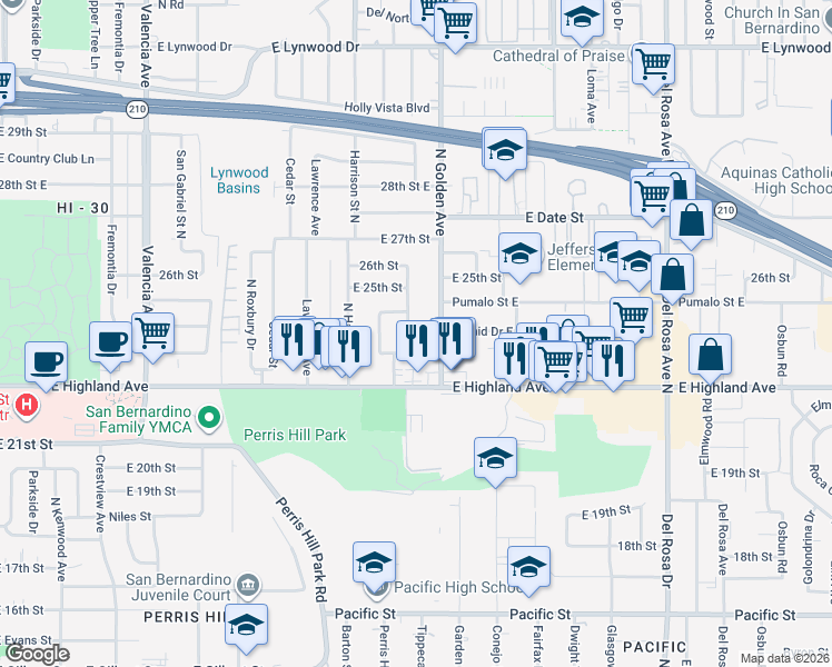 map of restaurants, bars, coffee shops, grocery stores, and more near 2314 North Alameda Avenue in San Bernardino