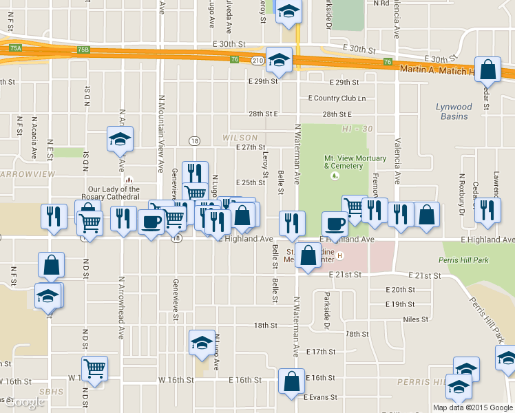 map of restaurants, bars, coffee shops, grocery stores, and more near 2301 North Leroy Street in San Bernardino