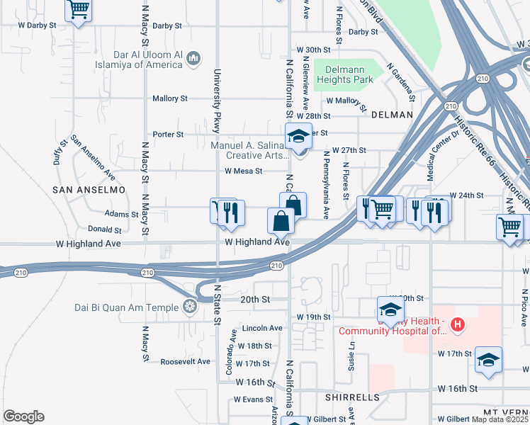 map of restaurants, bars, coffee shops, grocery stores, and more near 1945 Adams Street in Muscoy
