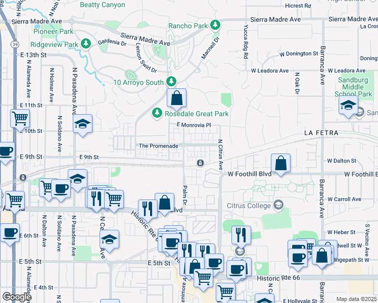map of restaurants, bars, coffee shops, grocery stores, and more near 846 Iris Way in Azusa