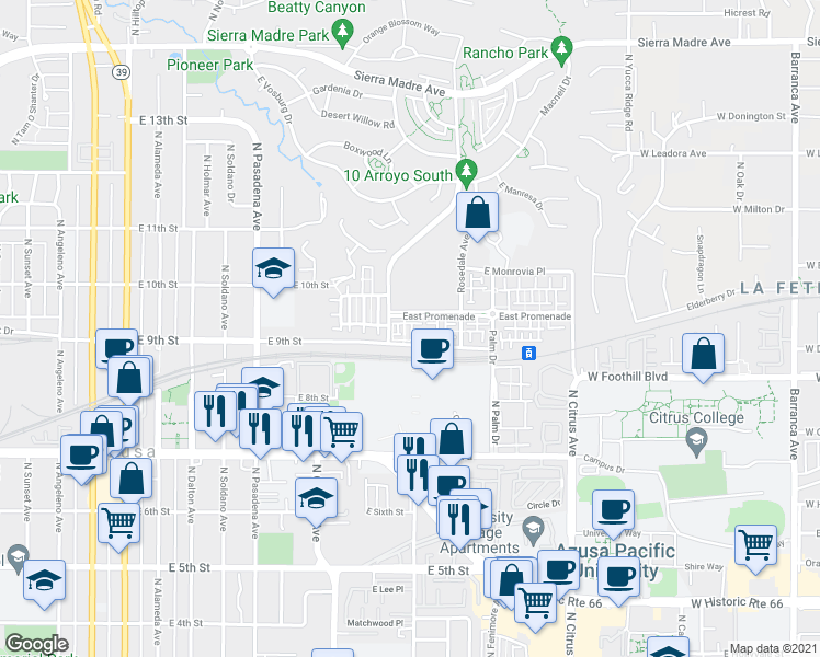 map of restaurants, bars, coffee shops, grocery stores, and more near 902 Botanica Lane in Azusa