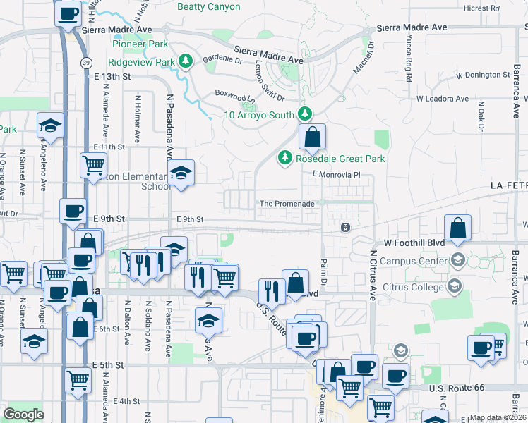 map of restaurants, bars, coffee shops, grocery stores, and more near 902 Botanica Lane in Azusa
