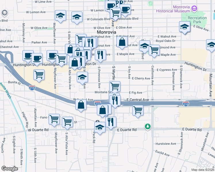 map of restaurants, bars, coffee shops, grocery stores, and more near 131 Montana Street in Monrovia